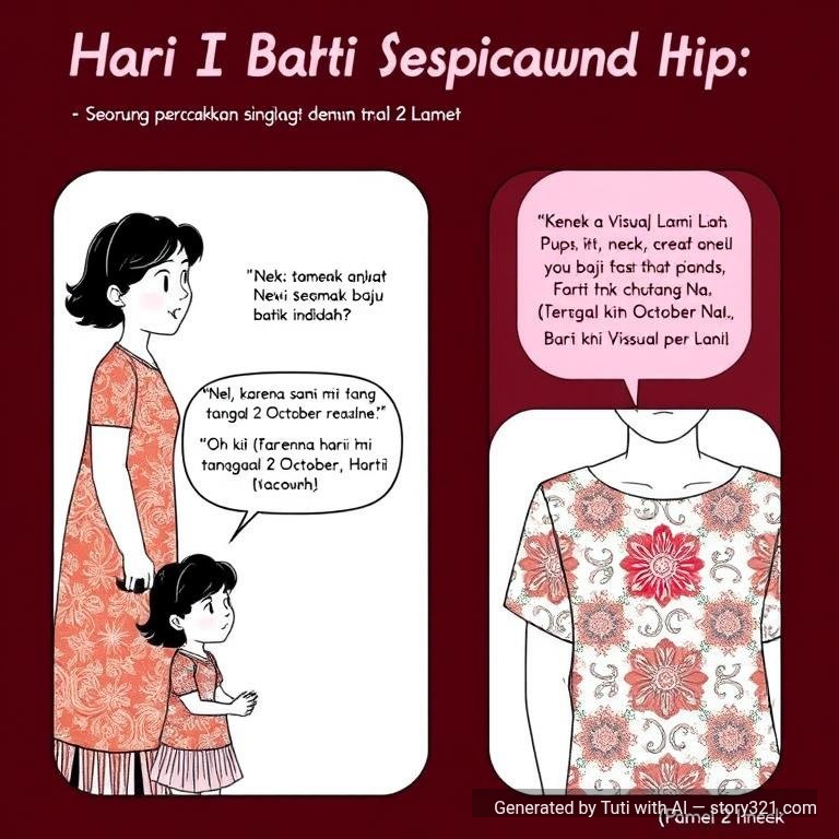 ini komik percakapan singkat tentang Hari Batik Nasional dalam 2 panel:
Karakter:
Lani: Seorang anak perempuan.
Nenek: Nenek Lani.
Panel 1
Visual: Lani sedang melihat Neneknya yang memakai baju batik indah. Lani tampak kagum.
Lani: "Nek, kok Nenek pakai baju batik bagus sekali hari ini?"
Nenek: (Tersenyum sambil memegangi kain batiknya) "Oh, ini karena hari ini tanggal 2 Oktober, Nak. Hari Batik Nasional!"
Panel 2
Visual: Nenek memeluk Lani. Di latar belakang, terlihat motif-motif batik yang beragam dan indah.
Nenek: "Batik kita itu warisan budaya yang sangat istimewa, diakui dunia! Makanya kita rayakan supaya kita bangga dan selalu melestarikannya."
Lani: (Tersenyum senang) "Wah, keren! Aku juga mau pakai batik, Nek!"
