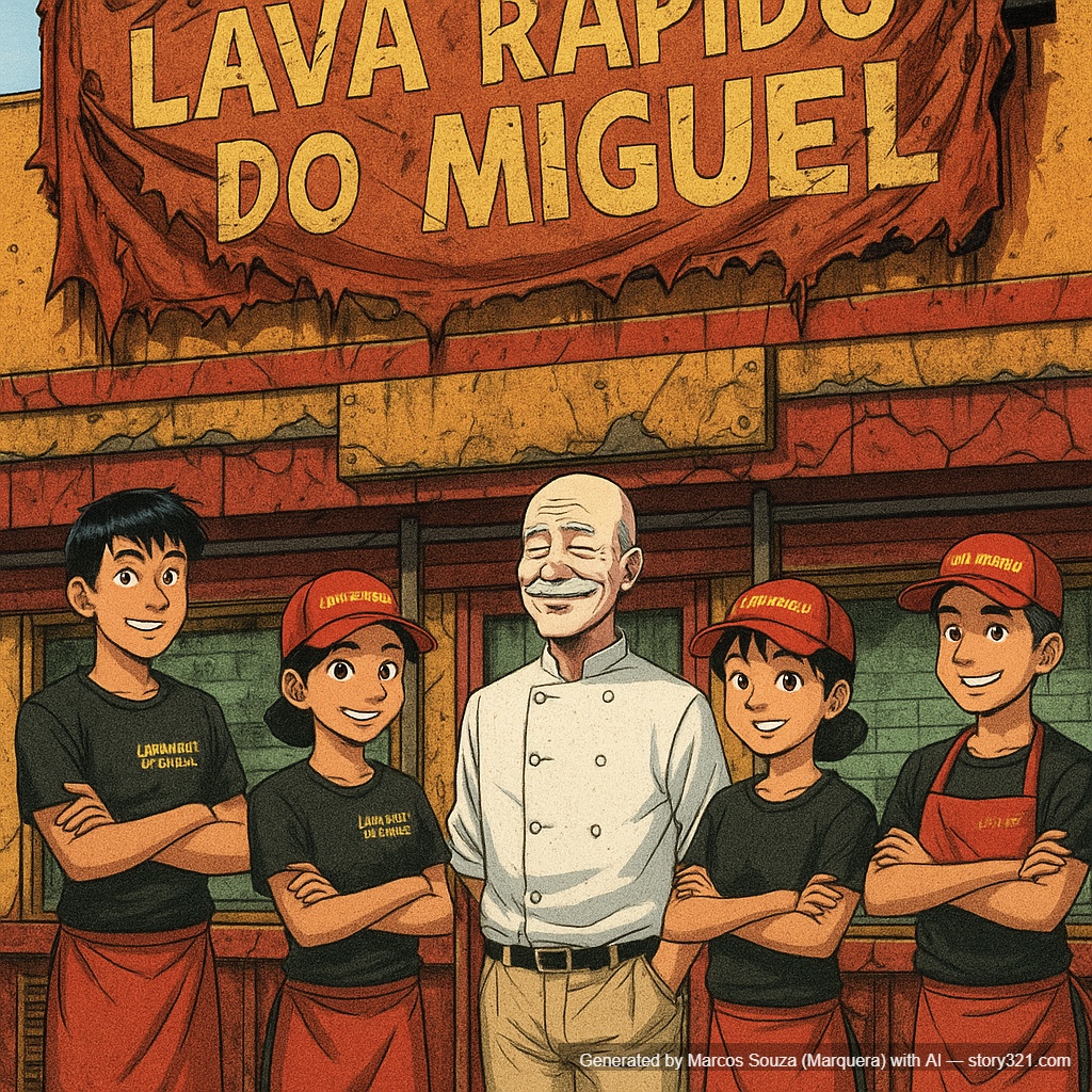 Estilo visual:
Quadrinho em estilo Turma da Mônica Jovem, traço desenhado à mão, cartoon expressivo e colorido, textura de HQ, contornos pretos e cores saturadas.
Nada realista. Visual limpo, dinâmico, e com clima de história dramática e inspiradora.
🧩 Descrição da capa:
Cena frontal ampla mostrando o “Lava Rápido do Miguel”, um lava car popular e velho de bairro, em estado de decadência.
A fachada está desgastada, com lona rasgada, pintura descascando, placa torta e letras desbotadas que dizem: