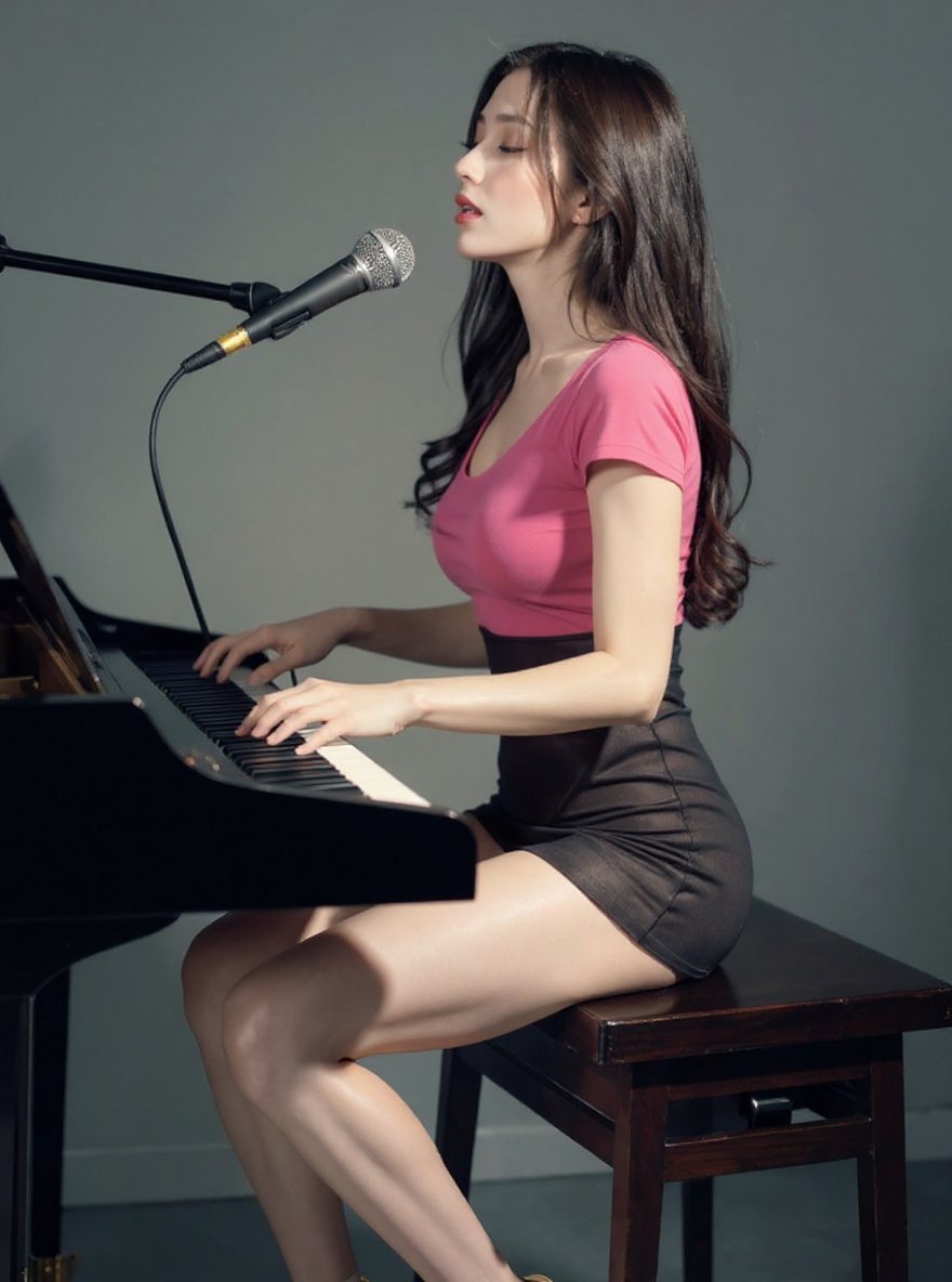 Keep the woman's original face and body shape. Show her playing the piano while singing into a stand microphone. She is wearing a short skirt, and change the top to a pink color.