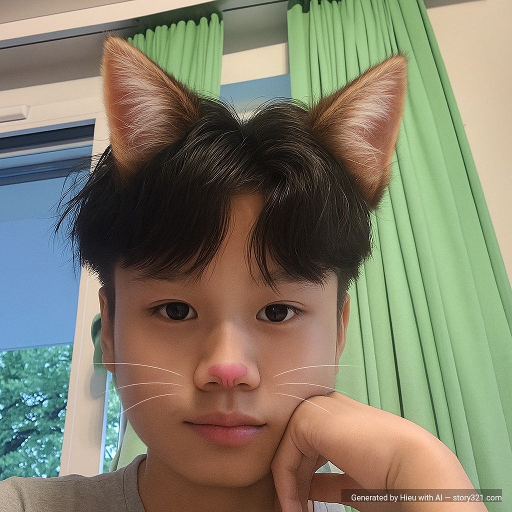 add a pair of adorable cat ears to the head of the person in the photo. The ears should be fluffy, realistic, and match the person's hair color. Also add subtle cat-like features such as whiskers and a small pink nose to create a cute cat-person transformation.