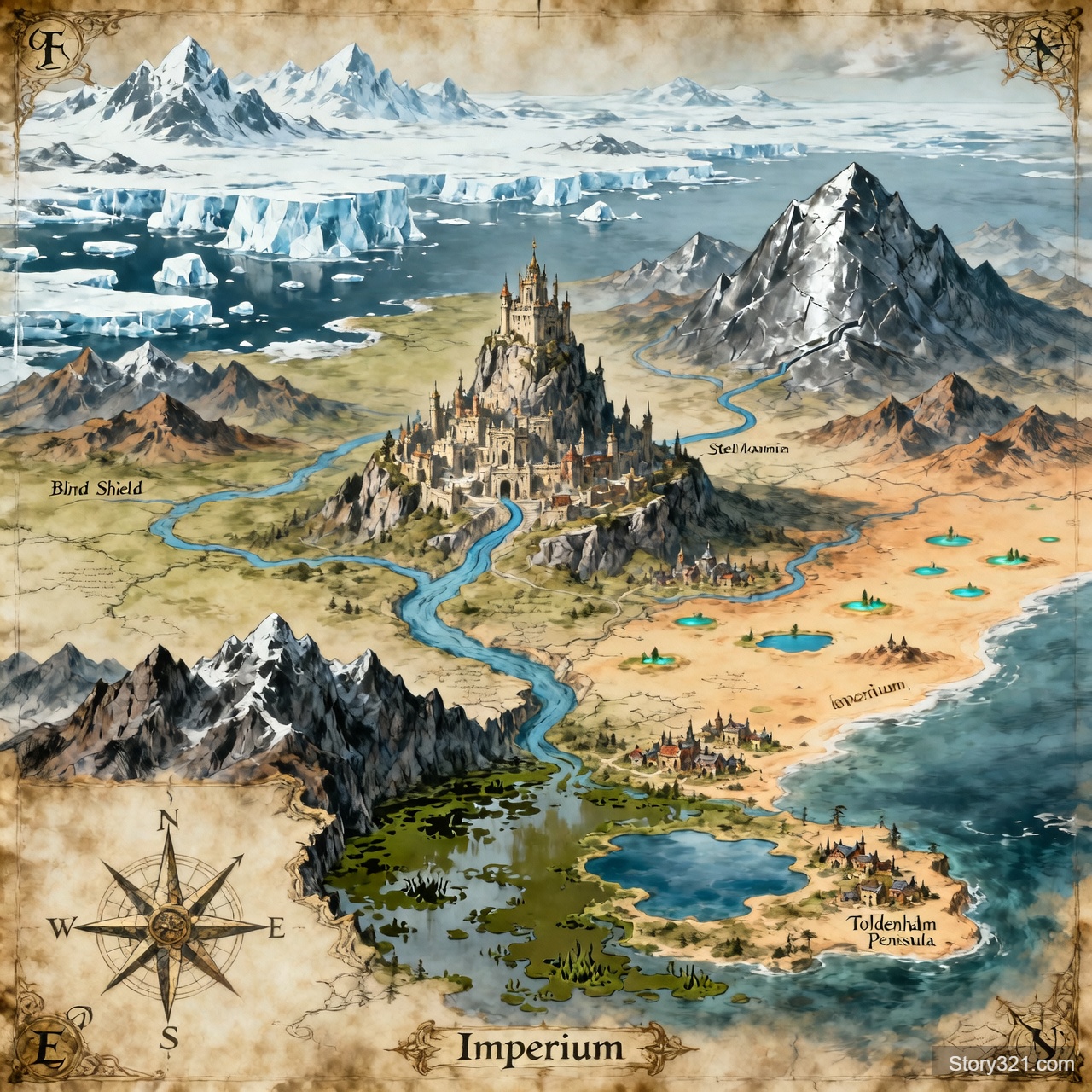 Сгенерируй фентези карту взяв образец карту из игры The Elder Scrolls. Описание карты: в центре карты красуется город Империум построенный на скале, около этого города протекает 2 реки, снизу за рекой есть Болото и внизу этого болота стоят горы Блайнд шилд которые полностью закрывают проход из материка в большой полуостров Толденхольм где располагается немного городов и солидное озеро. Справа снизу от Империума располагается пустыня в которой куча маленьких озерков, эта пустыня на берегу океана. Справа от Империума есть огромная Стальная Гора. Слева за рекой располагается большая равнина на которой есть несколько горных хрептов. На севере вечная мерзлота, куча гор и замерзших озер а так же на самом севере у океана множество ледяных островков и айсберги.