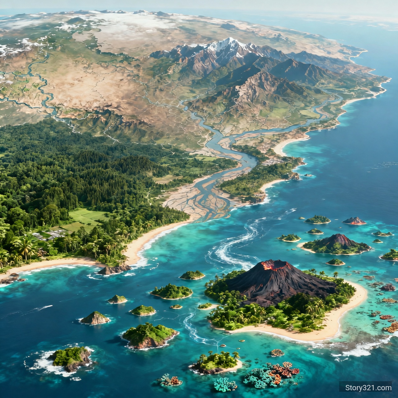 Wielki kontynent z archipelagiem wysp na poludnowym zachodzie od niego