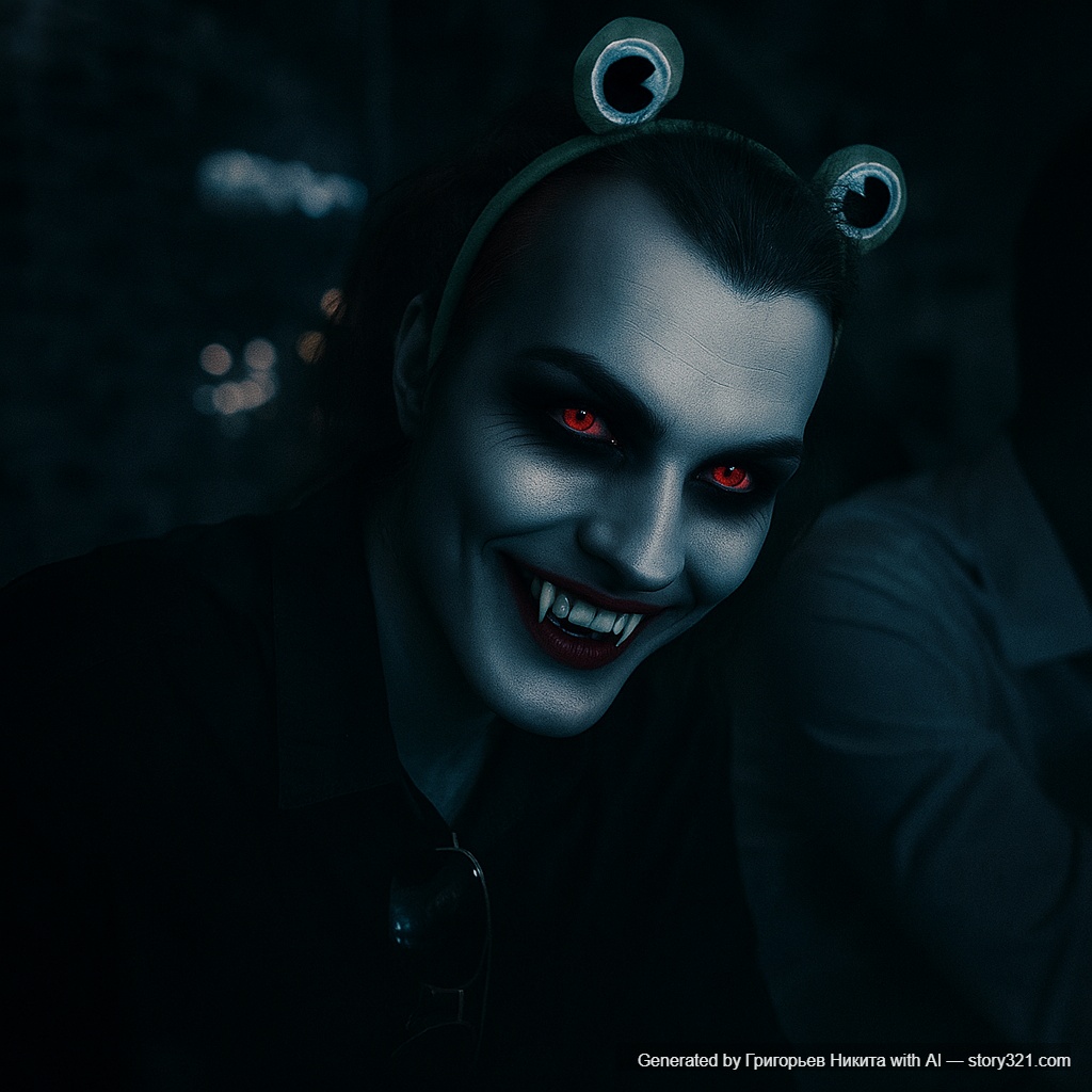 transform the person in the photo into a vampire with pale, porcelain-like skin, sharp fangs visible when smiling, glowing red or golden eyes, and dark circles around the eyes. Add a mysterious, seductive expression and enhance their features to look more supernatural and alluring. The overall mood should be dark and gothic.