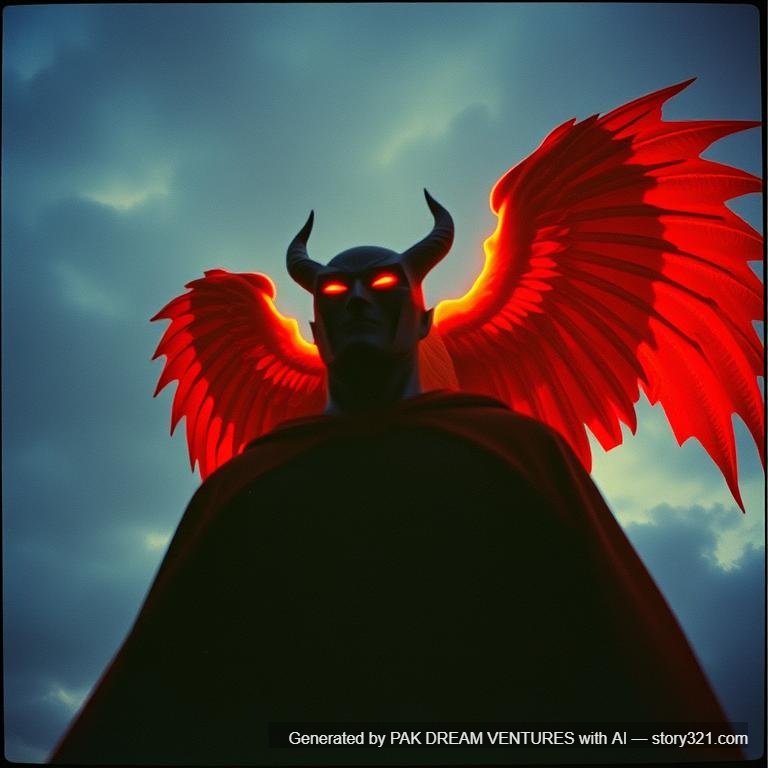 super hero title page with demon and angel effect background should be dark or effects with stromy sky.