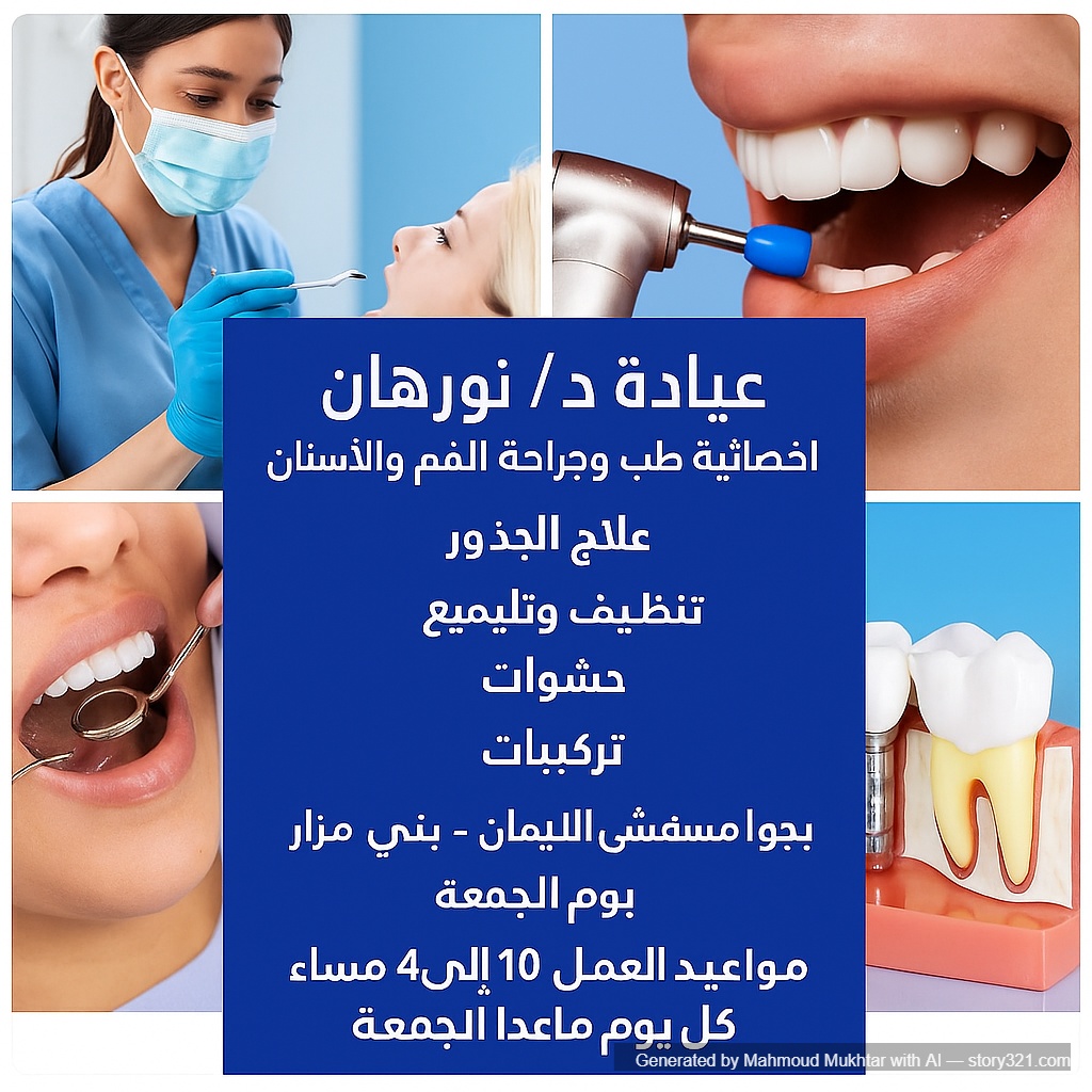 عاوز الغير كل النصوص اللى فى المربع الازرق واكتب
عيادة د/ نورهان
اخصائية طب وجراحة الفم والأسنان
علاج الجذور
تنظيف وتلميع
حشوات
تركيبات
بجوار مستشفى الايمان - بنى مزار
مواعيد العمل من 4 إلى 10 مساء
كل يوم ماعدا الجمعة
01118036814