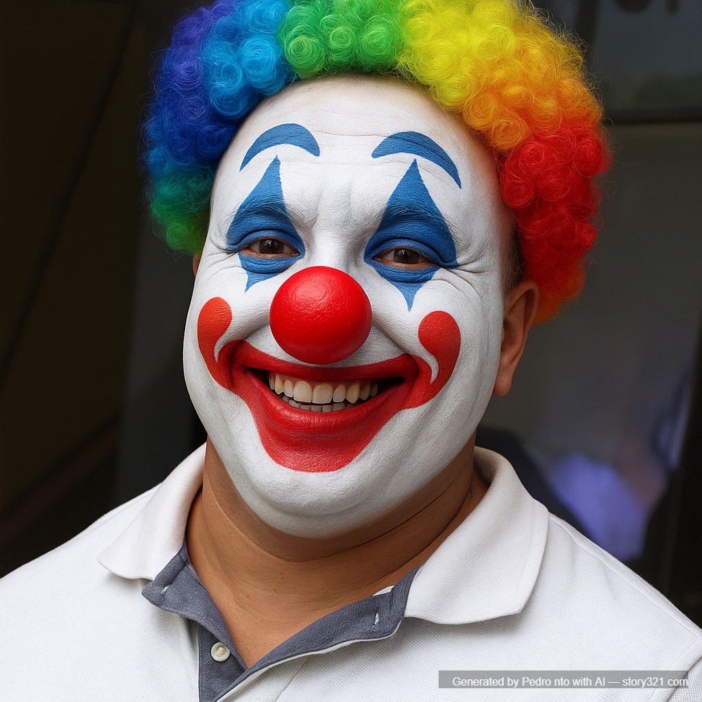 transform the person in the photo into a clown, with a white face, a big red nose, and colorful makeup. Add a clown wig and a cheerful but slightly creepy smile.