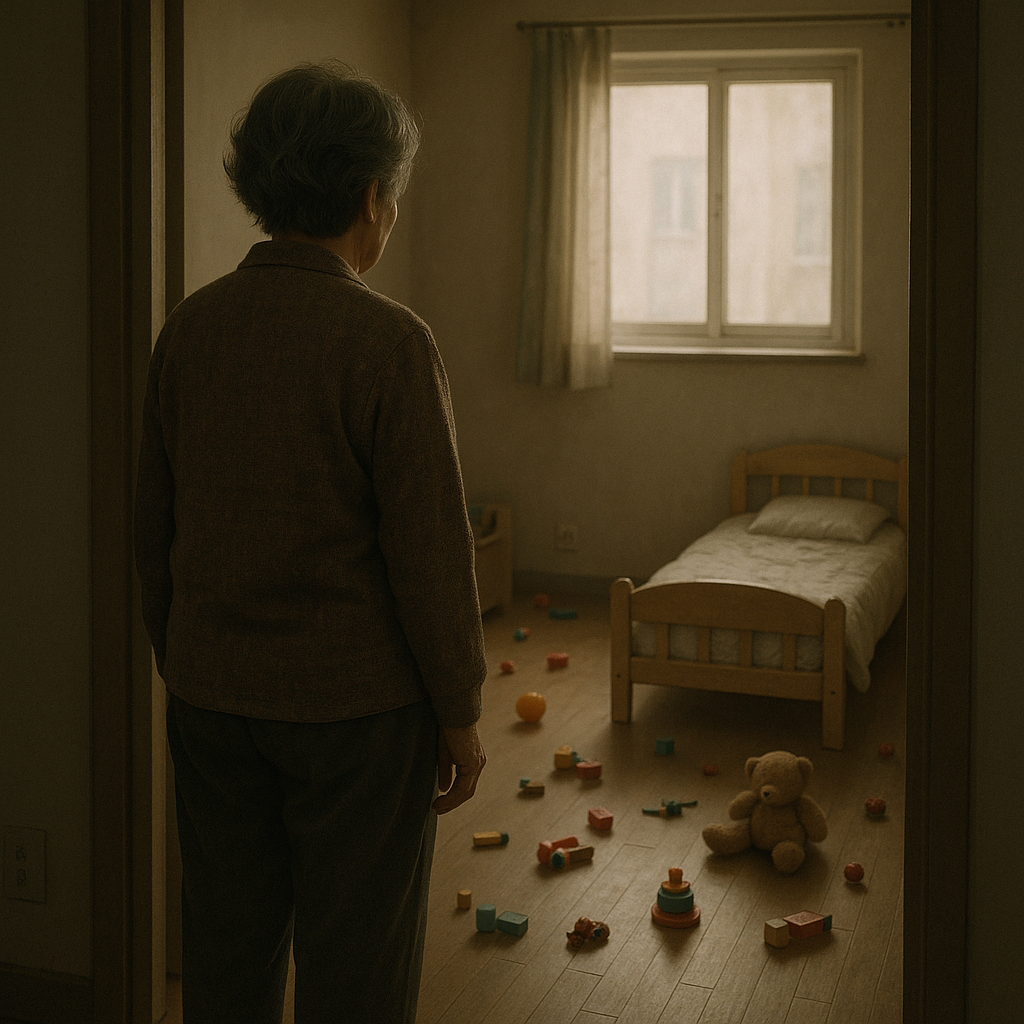 Back view of a lonely Korean grandmother in her 60s with gray hair, standing at the doorway looking into an empty children's room with scattered toys and a small bed. Korean apartment interior, soft melancholic lighting from the window, creating a somber and emotional atmosphere. Cinematic composition emphasizing solitude and loss, realistic style.