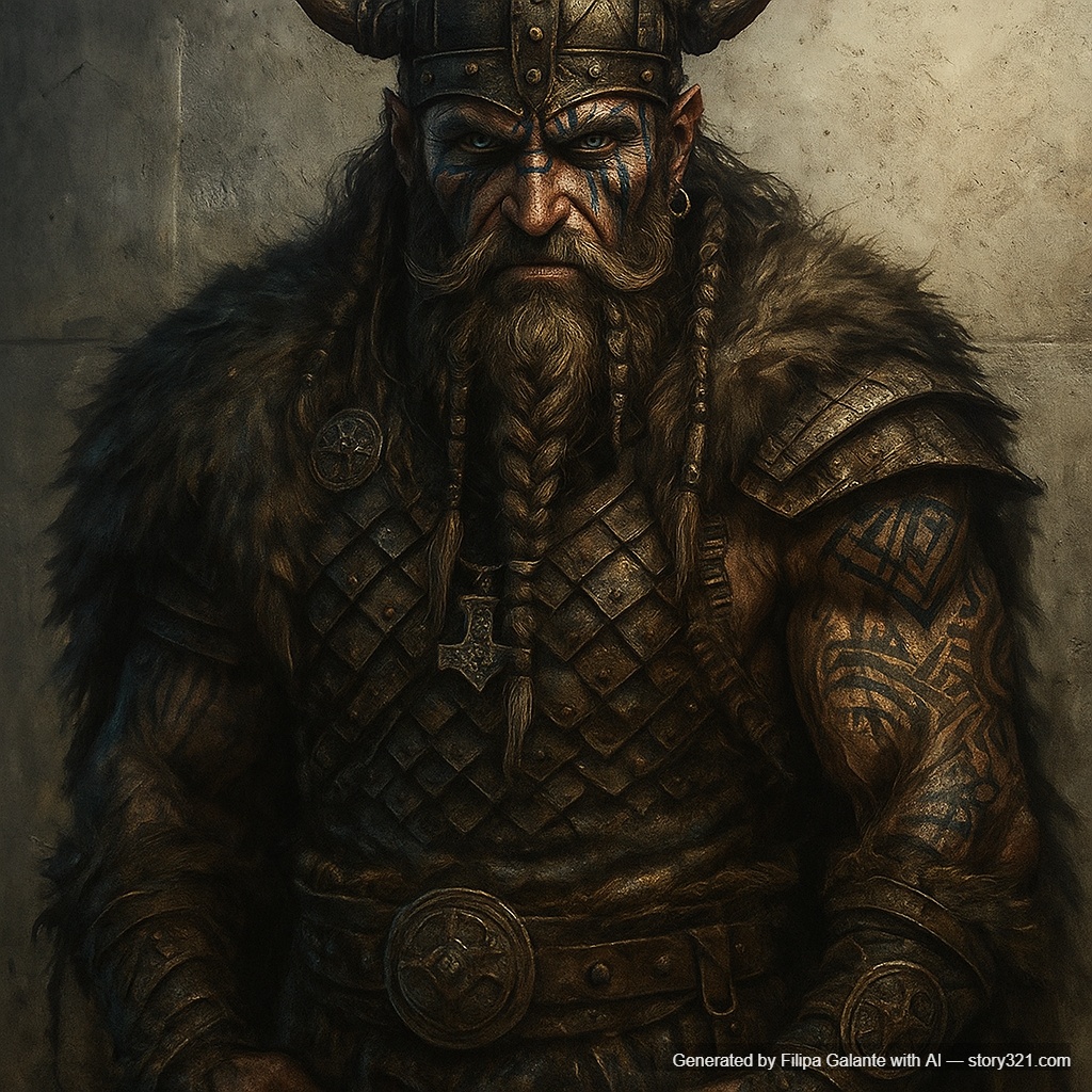 transform the person in the photo into a fierce Viking warrior with a thick, braided beard, long hair with braids, weathered and battle-hardened facial features, and fierce warrior eyes. Add Viking-style armor, helmet with horns, and Nordic tattoos or war paint. The overall appearance should be rugged, powerful, and intimidating like a legendary Norse warrior.