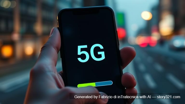 Close-up cinematic shot of a hand holding a smartphone in 8K, the screen displaying the 5G symbol and a fast download bar, with realistic reflections of city lights on the glass.