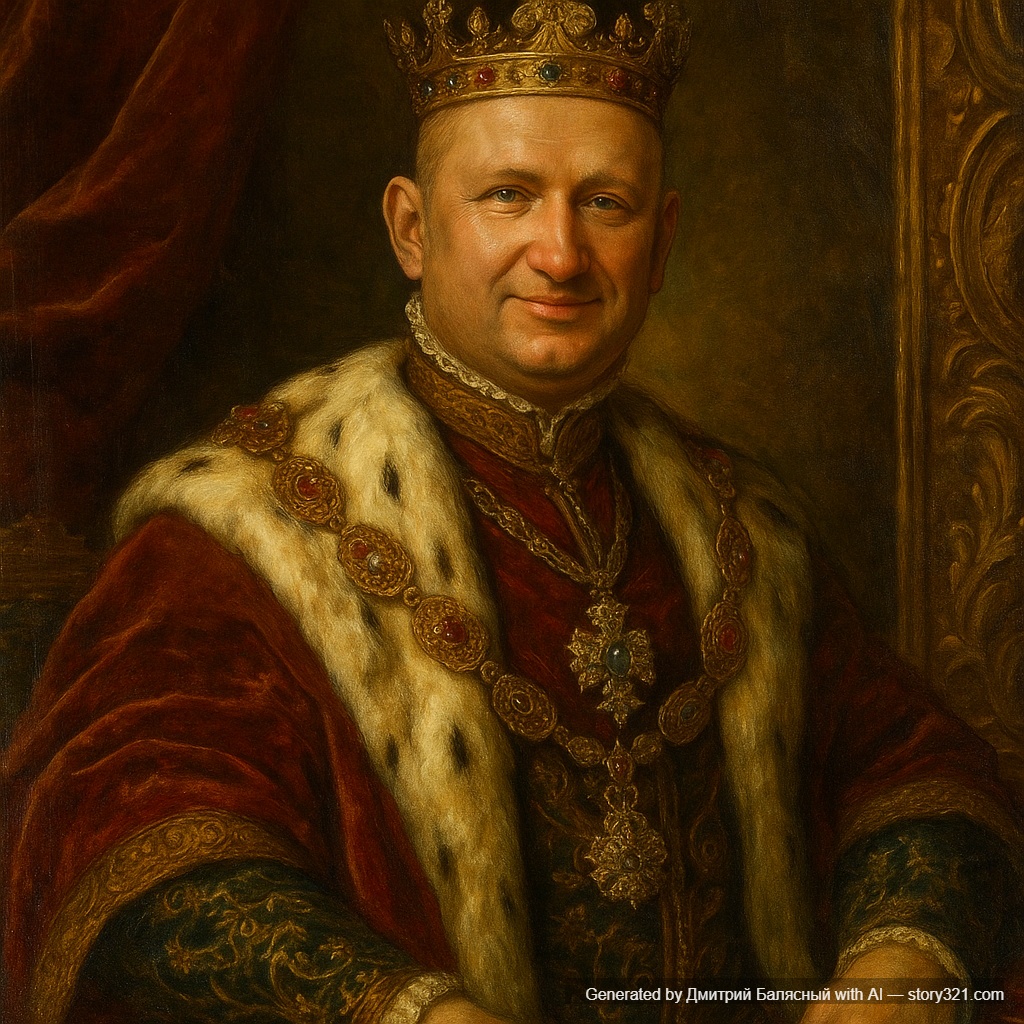 transform the photo into a classical royal portrait painting in the style of historical European royal portraits. The person should be dressed in elegant royal attire with rich fabrics, jewels, and ornate clothing. Add a regal background with luxurious elements like velvet curtains, golden frames, or palatial settings. The painting style should be reminiscent of classical portrait masters with rich oil painting textures and dramatic lighting.