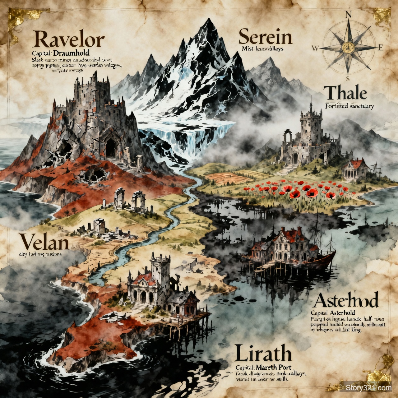- Un continente peninsular llamado Thalenor que consta con cinco ciudades delimitadas:

1. RAVELOR
Paisaje: montañas escarpadas, minas abandonadas, glaciares con vetas negras.
Capital: Draumhold, una fortaleza excavada en la roca.

2. SEREIN 
Paisaje: valles cubiertos de niebla, aldeas agrarias, campos de amapolas y pantanos donde el agua huele a hierro.
Función: provee alimentos al continente, aunque cada año hay más hambrunas.
Capital: Thale, un santuario fortificado.

3. VELAN
Paisaje: colinas cubiertas de ruinas, canales secos y mansiones hundidas.
Capital: Asterhold, ciudad semidestruida y cubierta de bruma, donde se dice que aún se escucha la voz del último rey.

4. LIRATH
Paisaje: mar oscuro, bahías pestilentes, callejones y casas inclinadas.
Capital: Mareth Port, construida sobre p