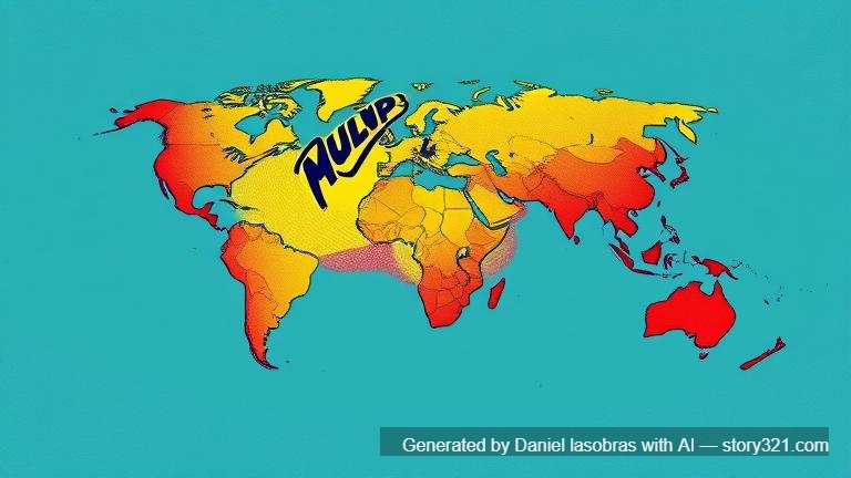 Quiero un mapa de un mundo con un estilo visual de novela "Pulp" a todo color. No le pongas nombres ni ciudades o asentamientos. EL mapa contiene un mar interior en el que hay una gran isla en el centro, la isla es montañosa y tiene una forma ligeramente alargada y mas gruesa en el centro, la forma de la isla discurre de este a oeste. Al oeste de la isla hay otro archipiélago de islas mas pequeñas. Las tierras al norte de su costa van siendo progresivamente mas boscosas y salpicadas de ríos con forma se extienden hacia el norte del mapa hasta llegar a una enorme cordillera montañosa que discurre de este a oeste ocupando todo el borde norte del mapa, todavía más al norte el aspecto de las tierras ya tiene aspecto de paramos helados. Al oeste del mar no hay tierras, al este del mar si las hay, un conjunto de estepa que se pierden hacia el este del mapa. AL sur del mar central hay un gran desierto. Al final del desierto empiezan una densas junglas que son mas densas en la parte sudoeste del mapa, en la parte sudeste hay cadenas montañosas de las cuales nace un rio que atraviesa la jungla del sur del mapa. Mas al sudeste del mar y al este de la jungla., colinas bajas se extienden hacia el este.