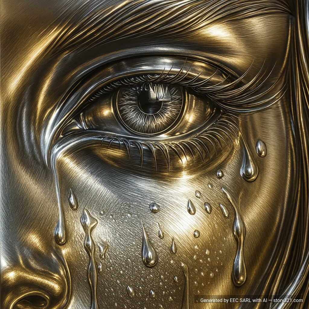 transform the photo into stunning metallic art with a reflective, polished metal surface. The artwork should have a sleek, modern aesthetic with a luminous quality and texture that mimics brushed or polished metal like steel, gold, or chrome. Enhance the details with metallic sheens, reflections, and highlights to create a sophisticated and futuristic look.