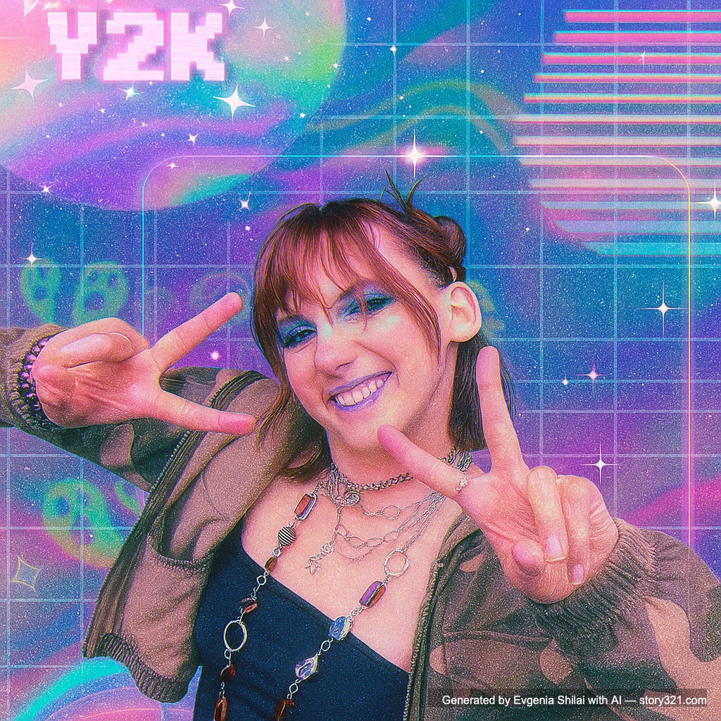 transform the photo into a Y2K aesthetic with a retro-futuristic vibe. Add elements like cyber-inspired graphics, iridescent colors, and a slightly grainy, low-res look reminiscent of early digital cameras. The overall mood should be optimistic, futuristic, and stylish, capturing the essence of the Year 2000 era.
