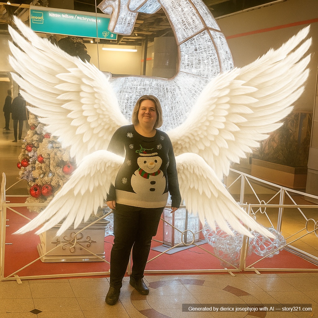 add a pair of large, beautiful angel wings to the back of the person in the photo. The wings should look majestic and ethereal, blending seamlessly with the person and the background.