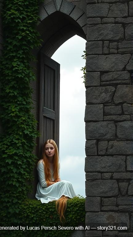 A sad princess with long golden hair sitting by the window of a tall, crumbling stone tower, surrounded by ivy-covered castle walls, cloudy sky in the background.