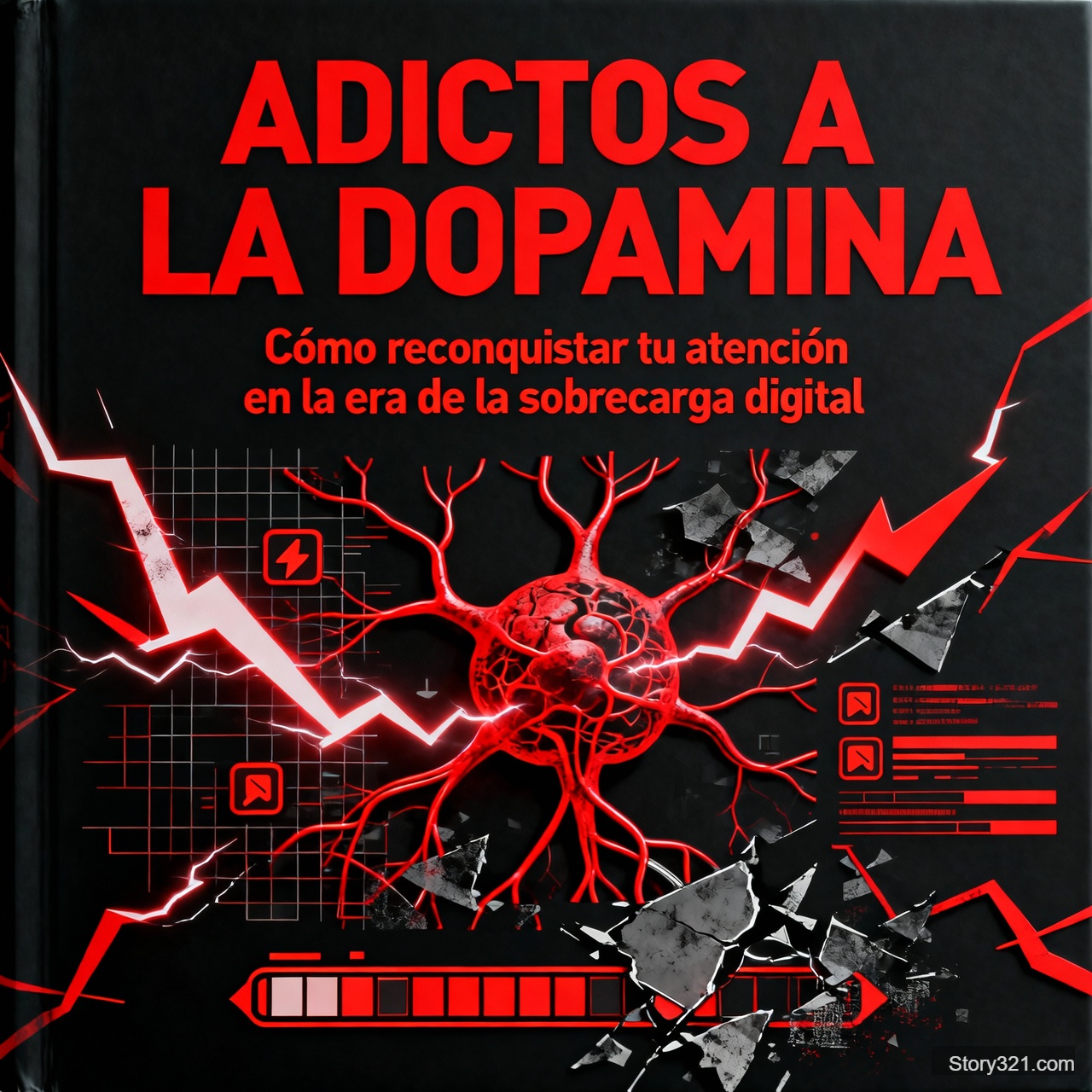 Diseña una portada para un libro de no ficción titulado “ADICTOS A LA DOPAMINA”. El estilo visual debe ser agresivo, moderno y de alto rendimiento, con estética brutalista. Fondo negro profundo, detalles en rojo intenso y tipografía fuerte, geométrica y sans serif. El concepto central es la lucha contra la adicción a los estímulos digitales y la procrastinación causada por la dopamina.

Incorpora elementos visuales abstractos relacionados con el cerebro, impulsos eléctricos, señales digitales, redes neuronales, barras de progreso o notificaciones, sin representar personas reales. La portada debe transmitir intensidad, urgencia, enfoque y la idea de recuperar el control mental.

Distribución solicitada:
- Título en grande y en la parte superior: “ADICTOS A LA DOPAMINA”
- Subtítulo debajo, m