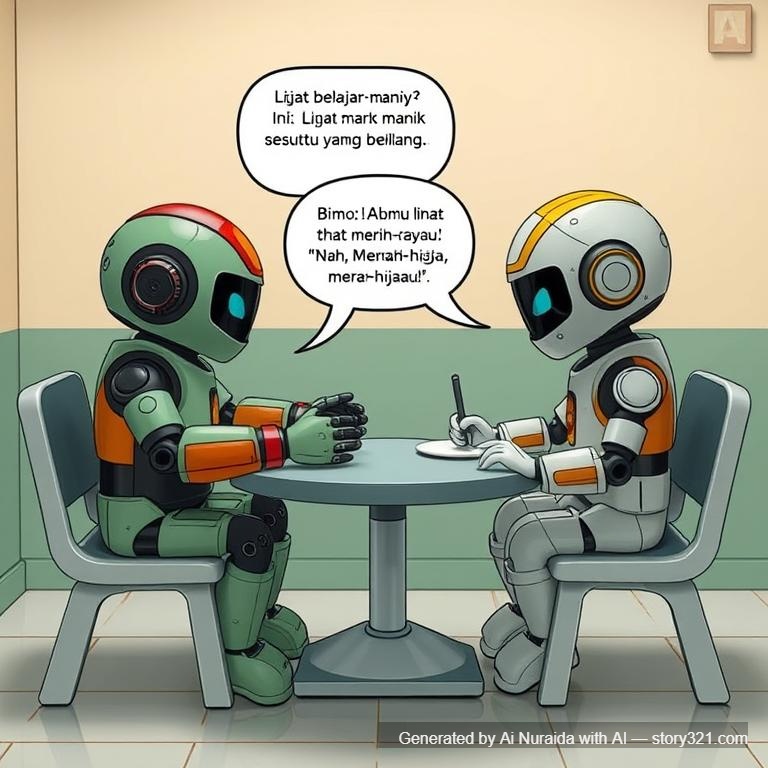 Latar: Meja belajar penuh mainan warna-warni.
Robot Bibi: “Lihat manik-manik ini: 🔴🟢🔴🟢🔴🟢. Apa kamu lihat sesuatu yang berulang?”
Bimo: “Iya! Merah-hijau, merah-hijau!”
Robot Bibi: “Nah, itu contoh pola warna!”