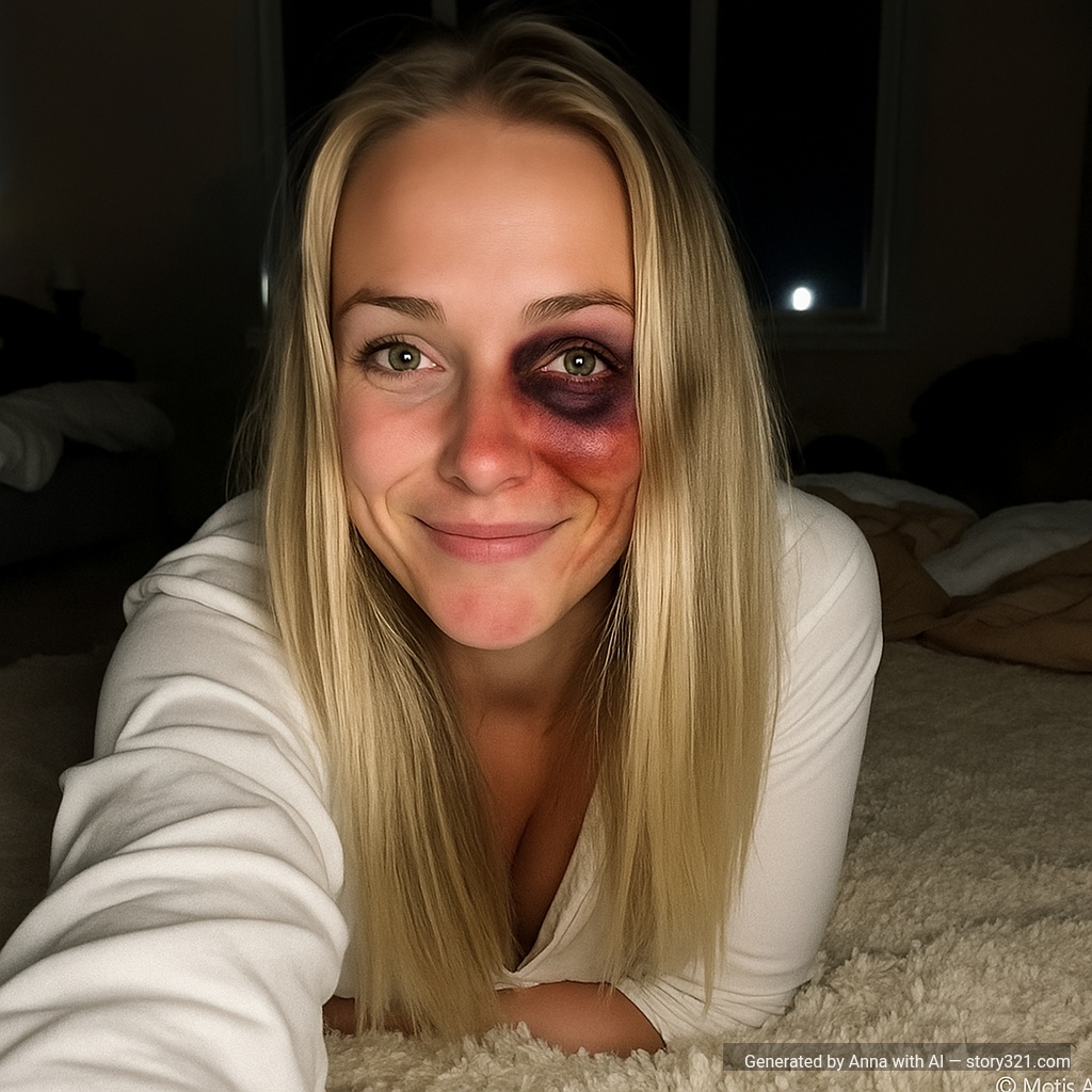 add a realistic black eye to the person in the photo. The bruising should look fresh and natural.