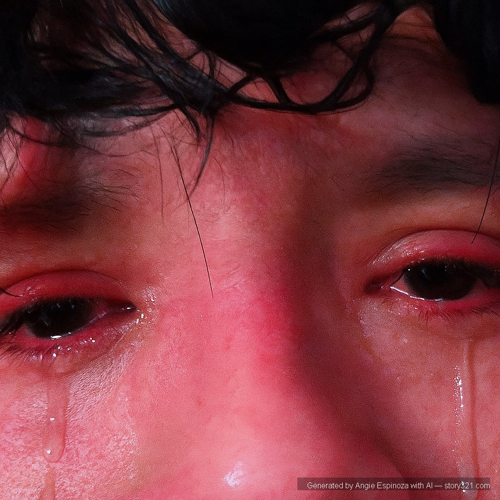add realistic tears to the eyes of the person in the photo, making their expression look sad and as if they are crying. Redden the eyes and surrounding skin slightly for added realism.