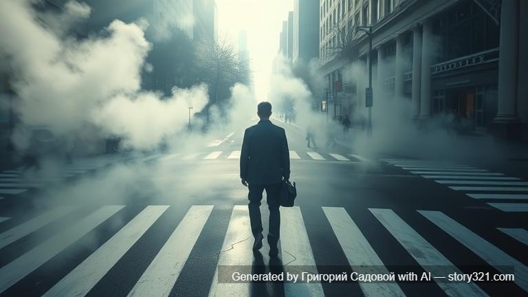 extreme high-angle shot, the scene of the man on the crosswalk is being gently veiled by soft, ethereal white smoke and light, details becoming hazy and less defined, a transition to white, dreamlike and transcendent atmosphere, luminous, masterpiece, best quality, 8K UHD,