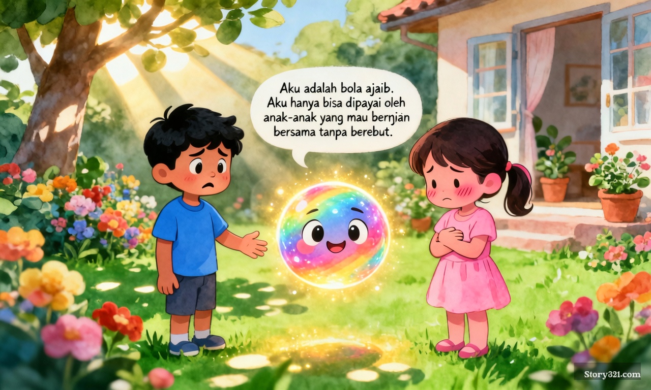 **Judul: Bola Ajaib yang Hanya Bisa Dipakai Bersama**

Di suatu sore yang cerah, Deny dan Rara sedang bermain di halaman rumah. Mereka menemukan sebuah bola berwarna-warni yang sangat indah di sudut taman. Bola itu berkilau terkena sinar matahari. Karena sama-sama menyukainya, Deny dan Rara pun berebut ingin memainkannya sendiri.

“Aku dulu!” kata Deny sambil menarik bola.
“Tidak, aku yang menemukan!” balas Rara sambil memeluk bola erat.

Karena saling tarik-menarik, tiba-tiba bola itu terlepas dan memantul sendiri ke tengah taman. Dengan izin Allah, bola itu berbicara dengan suara lembut:

> “Aku adalah bola ajaib. Aku hanya bisa dipakai oleh anak-anak yang mau bermain bersama tanpa berebut.”

Deny dan Rara terkejut. Mereka merasa malu karena telah bertengkar. Rara pun teringat pesan ibun