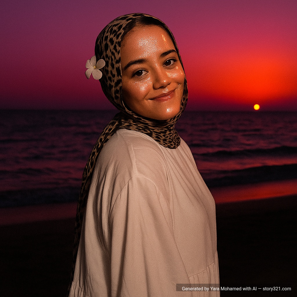 ‏@Yassin Mohamed:@𝓢𝓪𝓶𝔂𝓪 𝓕𝓩:Make me look like im on a beach where it's dark but someone took my picture with flash and my face is a bit glittery and glowing in the background add the sunset like sun has 98% set leaving purple res skey and itself almost dark the image is taken from bihind my back and i've been told on turn for the picture in wearing a white oversized classy long dress with flower tucked in my hair
