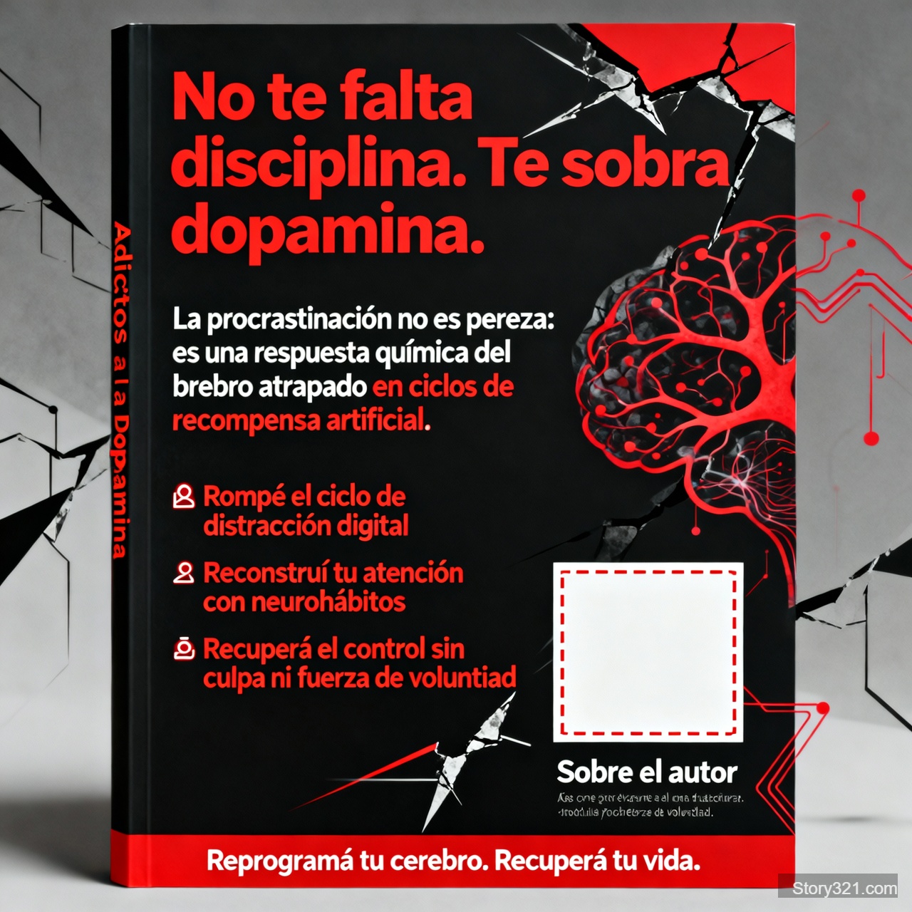 Crea la contraportada del eBook “Adictos a la Dopamina” en formato vertical, portada digital, sin lomo. Usa estilo brutalista con fondo negro, detalles en rojo y tipografías sans serif fuertes. Debe existir un espacio visible y claramente delimitado en la parte inferior derecha para colocar posteriormente la foto real del autor; no generes ninguna imagen humana. Mantén coherencia con la portada mediante líneas eléctricas, fracturas y elementos neuronales abstractos. Incluye el título grande “No te falta disciplina. Te sobra dopamina.”, un párrafo que explique que la procrastinación es una respuesta química, tres bullets con beneficios y una sección “Sobre el autor” debajo del espacio para la foto. Finaliza con el CTA “Reprogramá tu cerebro. Recuperá tu vida.” Respeta la paleta negro/rojo/
