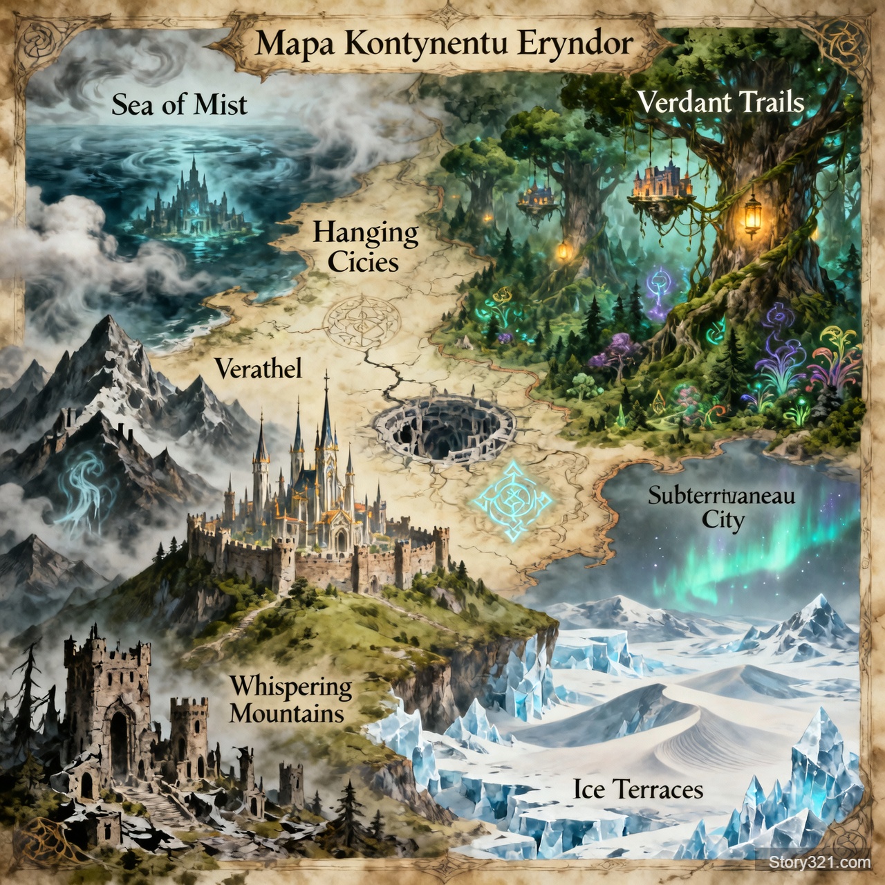 mapa magicznego świata (kontynentu tego świata). Kontynent nazywa się Eryndor. W lewym górnym roku Morze Mgły - W jego głębinach spoczywa podwodne miasto. W prawym górnym roku Zielone Szlaki - dzikie lasy, puszcze,pełne fauny i magicznych roślin. Nieco niżej, ale nadal przy Zielonych Szlakach będą Wiszące Miasta - miasto zbudowane na gigantycznych drzewach. Zachodnia część kontynentu (pod morzem) Góry Szeptów - pasmo pełne ruin i dawnych fortec, gdzie mieszkają duchy. Nieco na prawo od tego pasma górskiego, na skraju zbocza góry znajduje się stolica - VERATHEL (nieco niżej niż Góry szeptów). W centralnej cześci kontynentu jest Podziemne Miasto. A w prawym dolnym rogu są Lodowe Tarasy - Rozległa, śnieżna pustynia. Zamiast piasku – śnieg i lód. 