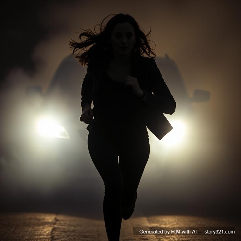 A woman is running toward the camera, also in silhouette, her hair and clothes flowing with her movement. Behind her, headlights from a car cut through thick smoke or fog, making the scene feel urgent and intense like she’s fleeing or chasing someone.