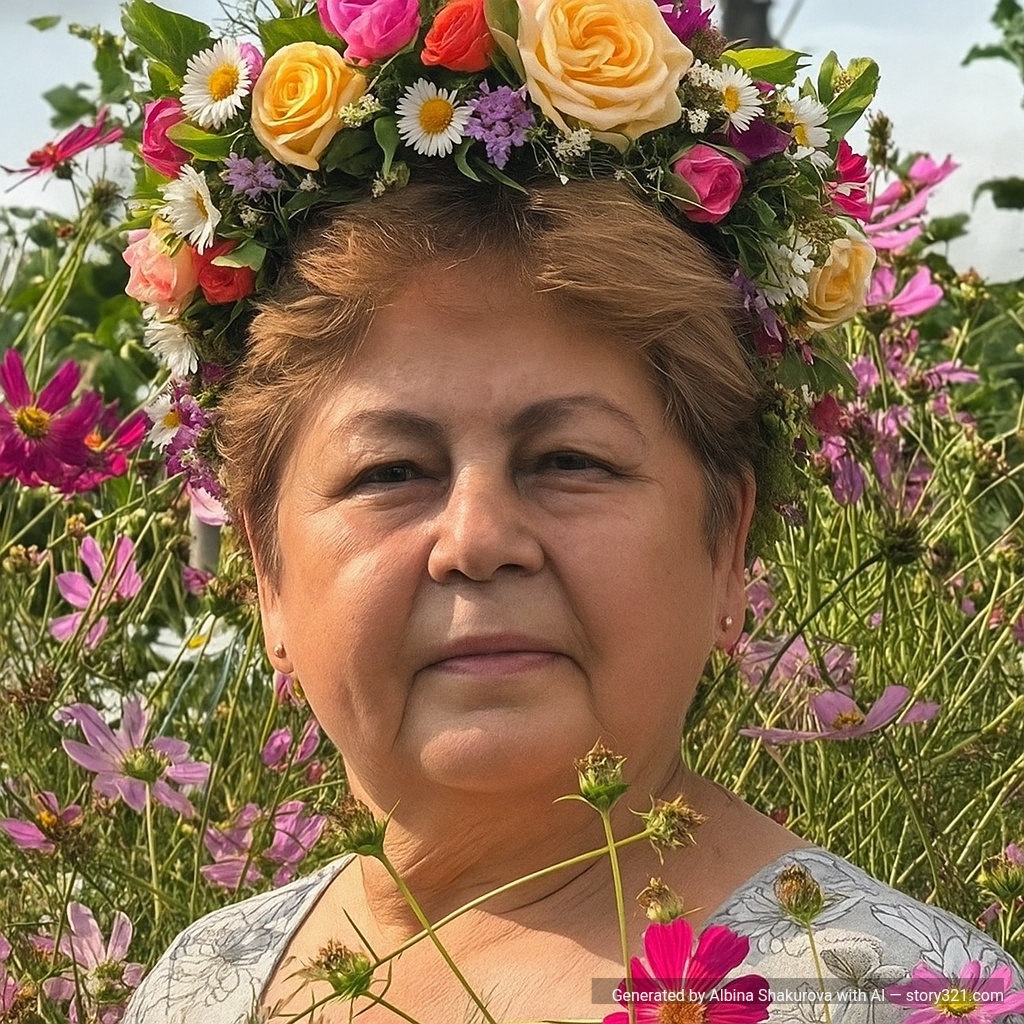 add a beautiful flower crown to the head of the person in the photo. The crown should be made of colorful fresh flowers like roses, daisies, and wildflowers, with green leaves and stems woven together. It should fit naturally on their head and look realistic, creating a bohemian, natural, and romantic aesthetic.